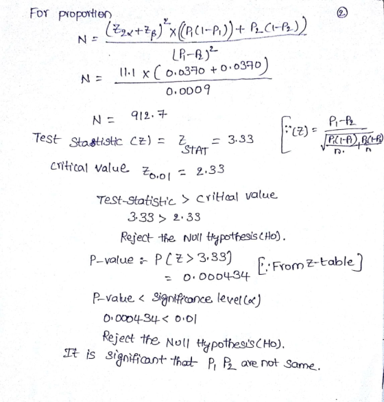 2) For Proportion 20 N드 Al 0,o009 N= 912. P-82 C2) 23.33 lest Stastistc Cz) StAT critical value 군0.01-2- ro 2.33 Test-Statist