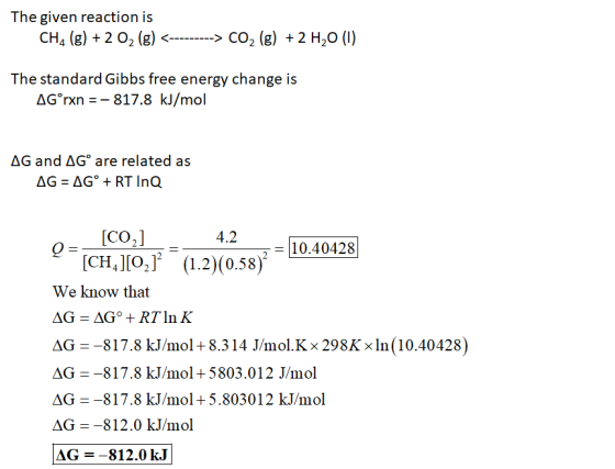 The given reaction is CH, (g) + 2 O2 (g) <---------> CO2 (g) + 2 H20 (1) The standard Gibbs free energy change is AGºrxn = -8