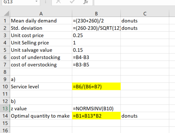 G13 1 Mean daily demand 2 Std. deviation 3 Unit cost price 4 Unit Selling price 5 Unit salvage value 6 cost of understocking