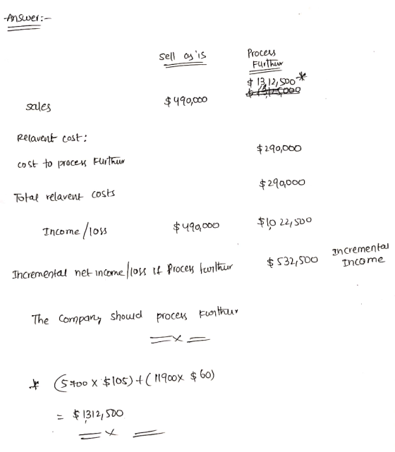Answer:- sell as is Process Further $ 13,!2,500 * & Berpeg $ 490,000 saules Relavent cost: $290,000 cost to process furthur $