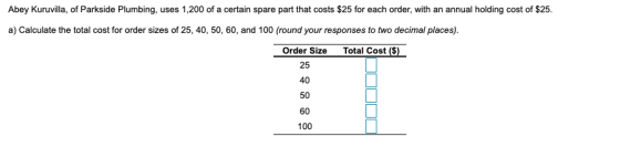 Abey Kuruvilla, of Parkside Plumbing, uses 1,200 of a certain spare part that costs $25 for each order, with an annual holdin