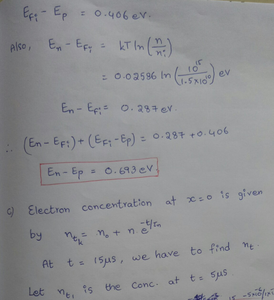 nt, not ne Eco - Ep 0.406 ev. Also, En Efy = KT ln (11) 10 0.02586 In (1.5 ev 1.5x10 En - Epi= 0.287 er. (En-EF4) + (EF - Ep)