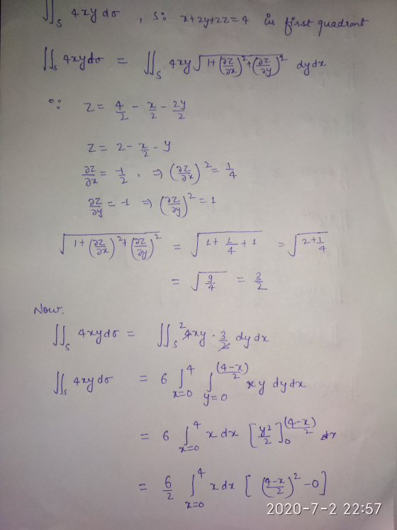 Js Azy do so x+2y+22=4 iu first quadrant Il 4xydo Jls 4 xy J1H (22) + (zje dy de 2= 4 - 2 - 2 1 z = 2- x 2 - 4 az da 2 = -1 -