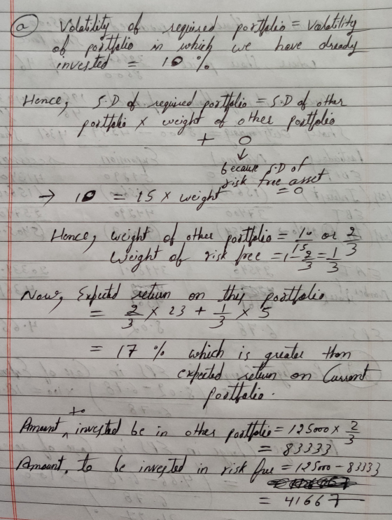 @ Volatility of required porttalio = Voletility of porttalio in which we have already invested = 10% Hence, s.D of required p