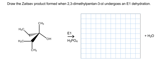 Image for Draw the Zaitsev product formed when 2,3-dimethylpentan-3-ol undergoes an E1 dehydration.