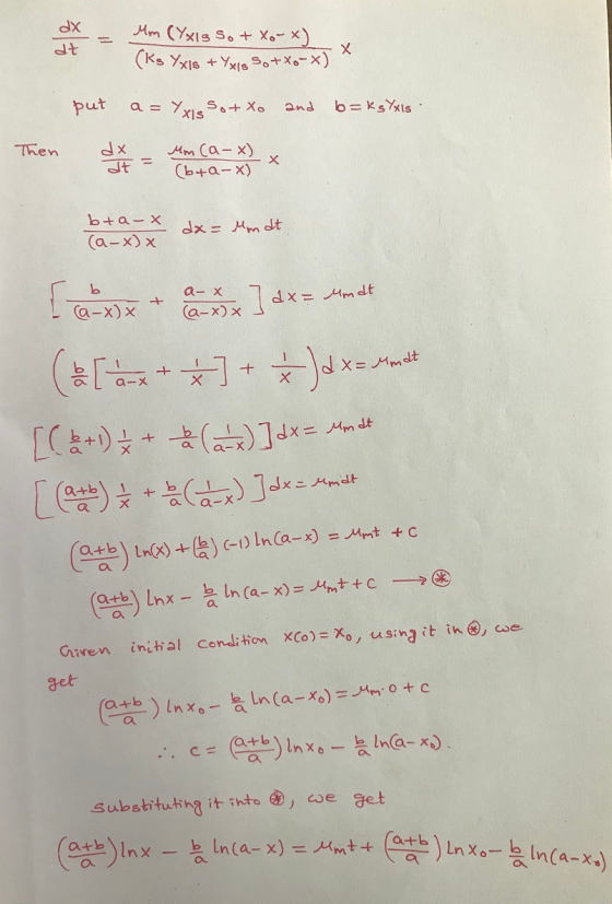 dX Hm (Yxis So + Xo x Ks Yxls YxIs SotXo-X put a Y So+ Xo and Then Mm Ca-x) X Cb+a-x) dt b+a-x dx= Mm dt (a-x) x br a- x d x