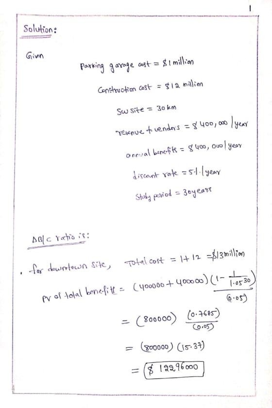 Solution: Girn Parking garage cost = $1 million Construction cost = $12 million sw site = 30 km revenue to vendors = 8400,000