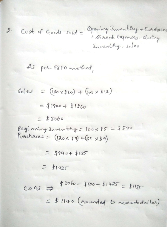 Cost of Goods Sold peniny nventhy +furchases +irect Expenses-closiny 1 nuenthy sales As per FFO method, Sales (iso xlo) sx12)
