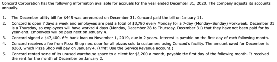 Concord Corporation has the following information available for accruals for the year ended December 31, 2020. The company ad