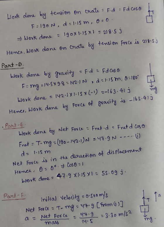 Work done by tension on crate = F.d = Fd coso F=190N, d = 1.15m, o=0. = Work done = 190x1.15X1 = 218. 5j Hence, Wook done on