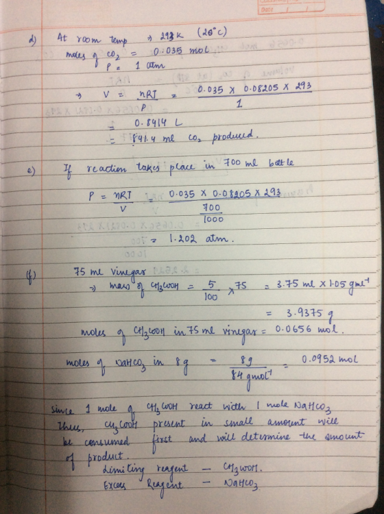 nat oom moles of temp co, & 298K (20°c) 0.035 mol = pe 1 atm » V = nRT 2 0.035 X 0.08205 X 293 XP 1 0.8914 L - 891.4 me co, p