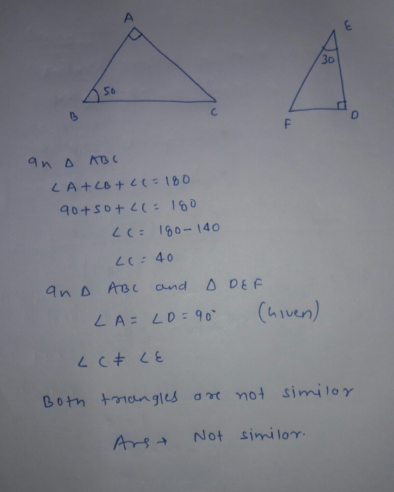 A E 30 56 С B D an ABC LA+CBtc(=180 90+so+L(= 180 Lo= 180- 140 Lo= 40 A DEF an ABC ABC and (hoven) LA= LD-90° LE LE Both tria