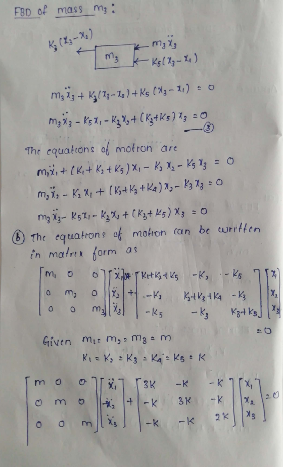 FBD Of mass mz : K3 ( 2₂ - H2) & m₃ X my K Kg [X₃ ~ 4 ) M₂ 23 + Kz (X3 - 2) + Ks (2₂ - 2) = 0 mziz - K5X, – K3 , + (kg+Ks ) X
