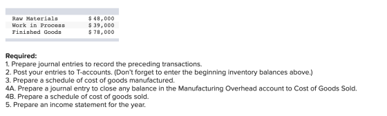 Raw Materials Work in Process Finished Goods $ 48,000 $ 39,000 $ 78,000 Required: 1. Prepare journal entries to record the pr