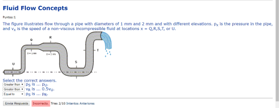 Fluid Flow Concepts Puntos:1 The figure illustrates flow through a pipe with diameters of 1 mm and 2 mm and with different elevations. px is the pressure in the pipe, and vx is the speed of a non-viscous incompressible fluid at locations x = Q,RS,T, or U. 0 D-2 mm Select the correct answers. Greater than Ps IS .Pu Greater than VR i 0.5v Equal toPs is.. PR Enviar Respuesta Incorrecto. Tries 2/10 Intentos Anteriores