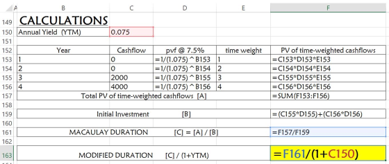 time weight B 149 CALCULATIONS 150 Annual Yield (YTM) 0.075 151 152 Year Cashflow pvf @ 7.5% 153 =1/(1.075)^B153 1 154 =1/(1.