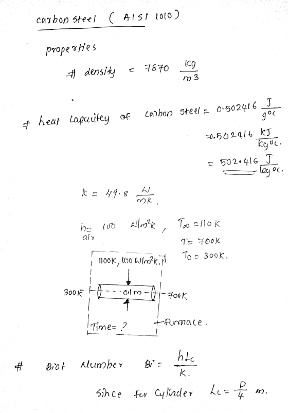 carbon steel ( AISI 2010) properties 7870 kg # density m3 # heat capacitey of carbon steel = 0.502416 J goc =0.502416 KJ Kyoc