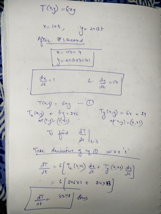 Tay = 6xy x=1tt, y= 2413 € After 3 second x= 143= 4 y= 2+13 43= 41 - du dt & dy =13 dt D 24 To find 1t=3 Tony = bny Te (x,y)