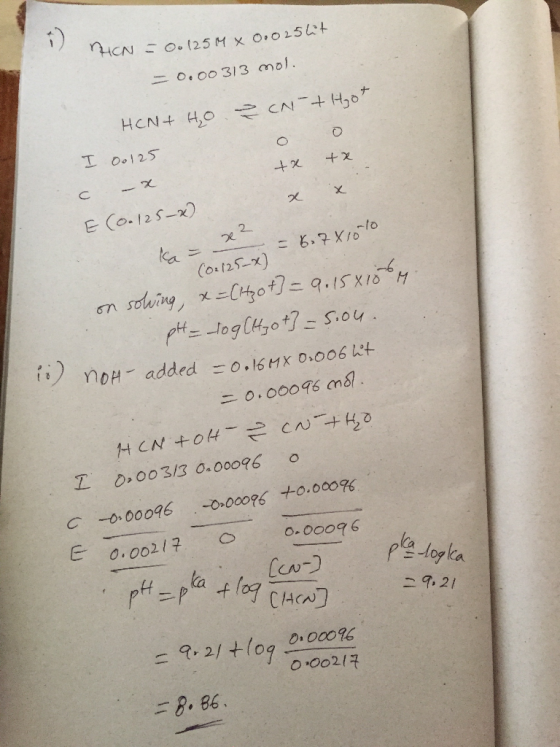 1 RCN = 0o (25M X 0.025lit = 0.00313 mol. HON+ H,O Z (N +H30t I 00125 tx tx c -x x E (0.125-x x2 tha (0.125-x) = 6.7x1010 on