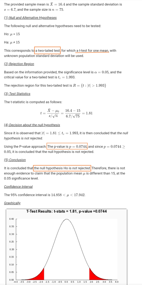 The provided sample mean is X = 16.4 and the sample standard deviation is s = 6.7, and the sample size is n = 75. (1) Null an