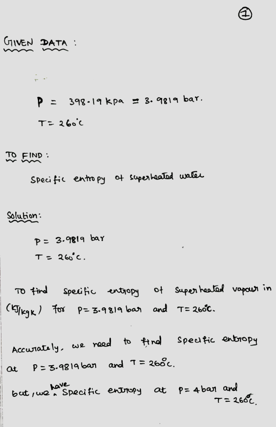 GIVEN DATA : p = 398-19 kpa - 3.9819 bar. T= 260°c TO FIND : Specific entropy of superheated water Solution: P = 3.9814 bar T
