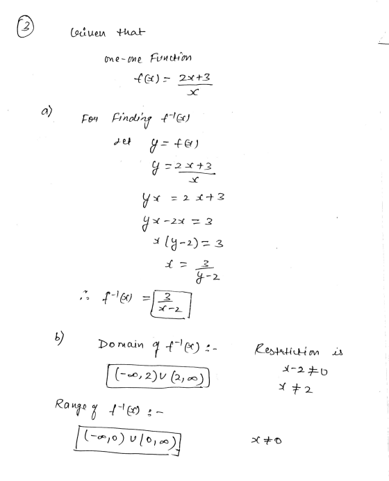 3 binen that one-one Function tel) – 23+3 a) - Fou finding f160) y = Efe) y = 2x+3 det x = 2 +3 yx yx-2x = 3 *ly-2)=3 x = 3 y