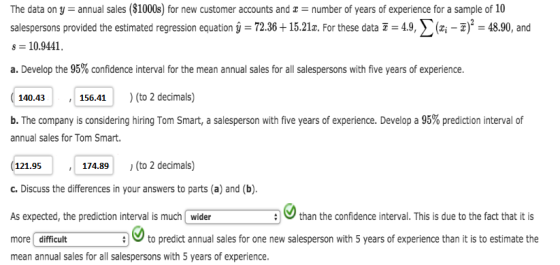 The data on y = annual sales ($1000s) for new customer accounts and e = number of years of experience for a sample of 10 sale