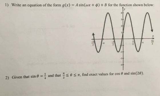 1) Write an equation of the form g(x) -A sin(ax + φ) + B for the function shown below: 1 and that π π, find exact values for