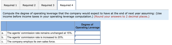 Required 1 Required 2 | Required 3 Required 4 Compute the degree of operating leverage that the company would expect to have