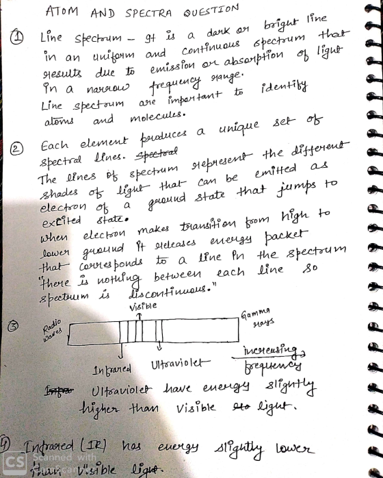 ATOM AND SPECTRA QUESTION Line sbectoum - gt spectrum - It is a dark or bright line I an uniform and continuous spectrum that
