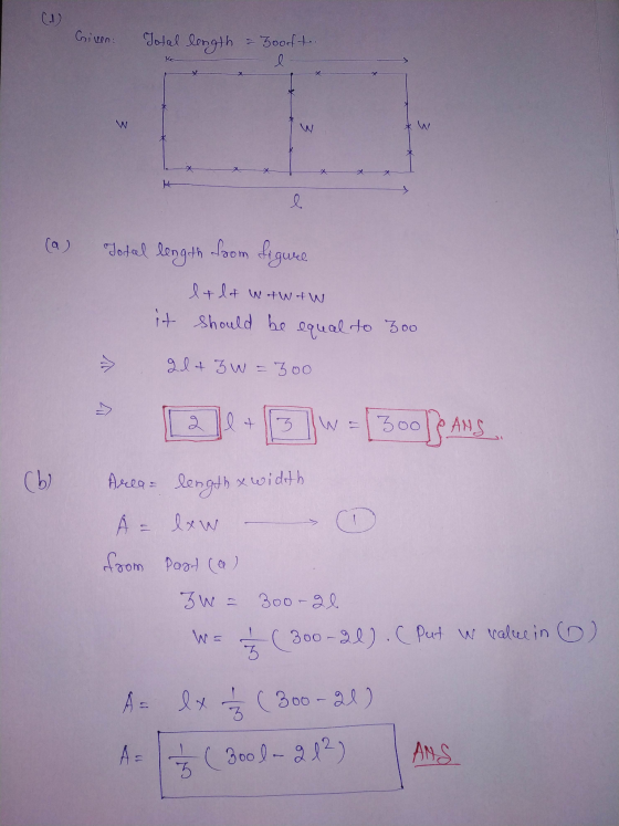 (1) Given: Jotal length = Gooft.. l Ko W w l Total length from figure lalt wtW+W it should be equal to 300 7 gl + 3 w = 300 2