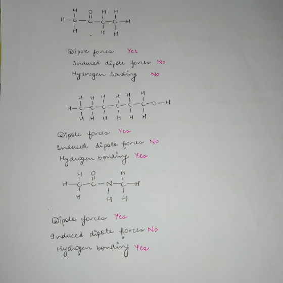 H H-C CICIC H H H H ipole orea Yes 3nduced dipolu foree No Hydrogen Bonding No H H H H C-CIC-O H H H H Yea Ripole torcea nduc