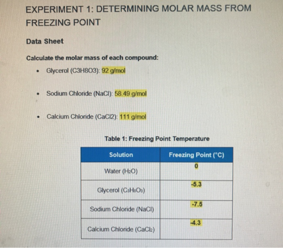 EXPERIMENT 1: DETERMINING MOLAR MASS FROM FREEZING POINT Data Sheet Calculate the molar mass of each compound: • Glycerol (C3