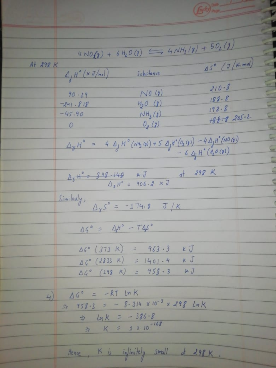 - 4 NOL) + 6H₂O (8) At 298 K - 4 NH₃(g) +50219 AS (J/K mol) 4/H (kJ/mol Substance 90.29 -241.818 -45.90 NO (9) H₂O (9) NH₂ (