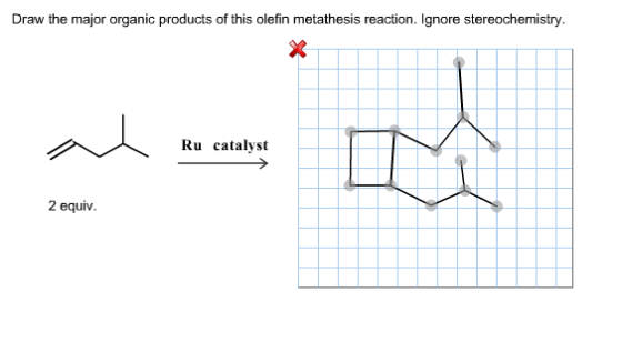 Draw the major organic products of this olefin metathesis reaction. Ignore stereochemistry. Ru catalyst 2 equiv.