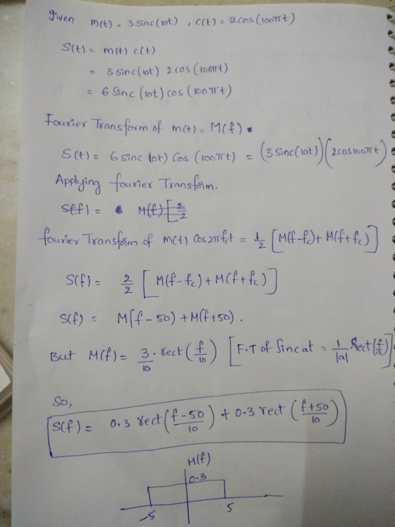 given m(t)- 3 Sinc (1ot) , CCt) = 2cos(100TT+) SIt) = Mit) c(t) 3 sinc(ot) 2 cos (1061t) 6 Sinc (tot) cos (00 TTt) Fousier Tr