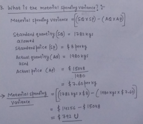 allowed 3. What is the material spending variance? Material spending variance = (sa xsp) - (AQ XAD) Standard quantity (sa) =