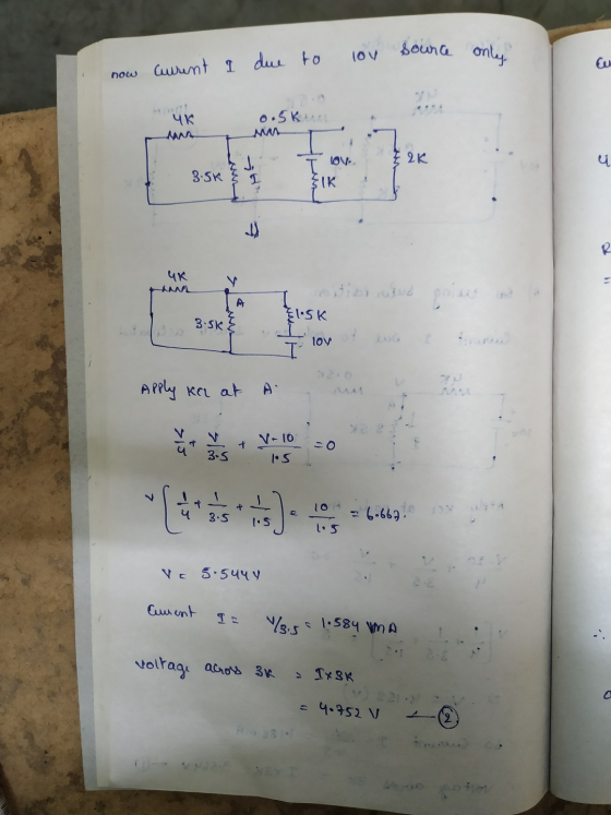 source only. 10V now Current I due to Чк 0.5km & QK u 3.5k I IK чк han 1.SK 3.sk loy I Apply ka at A 7 f V-10 15 3.5 + 3.5