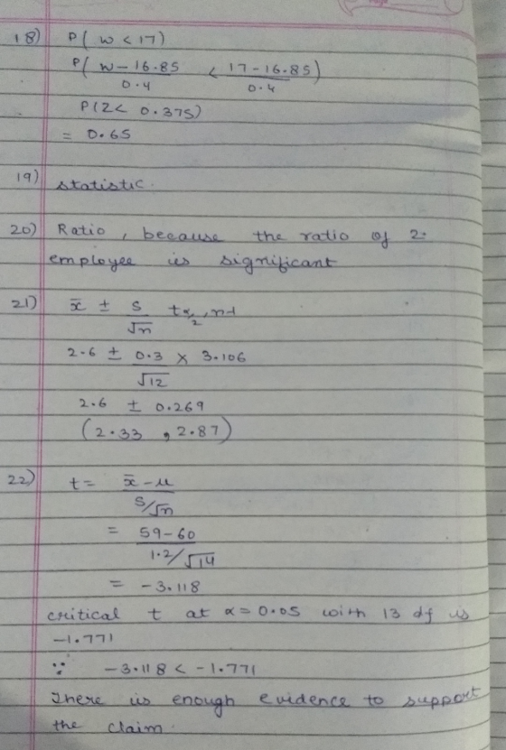 b.4 S evidence to support Plwc17) e/w- 16.85 17-16.85) P(240 1.375) 0.65 19) statistic. 20 Ratio a because the ratio of emplo