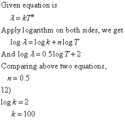 Given equati on is Apply logarithm on both sides, we get log λ-10g k + n log T And log λ-0.5log T+ 2 Comparing above two equa