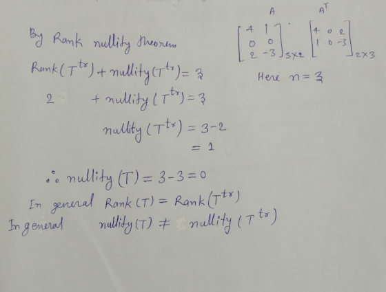 Da A 4 1 4 0 2 O O 1 0-3 By Rank nullity theorem Renk (Ita) + mullity () = 3 2 - 3 3X2 2x3 Here n=3 2 + nullity (tr) = 3 nul