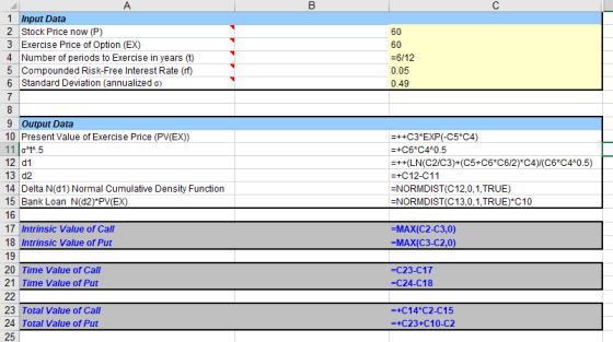 A В 1 Input Data 2 Stock Price now (P) 3 Exercise Price of Option (EX) 4 Number of periods to Exercise in years (t) 60 60 =6/