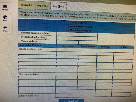Required 1 Required 2 Required 3 eBook Prepare an overhead variance report at the actual activity level of 11,250 units. Clas
