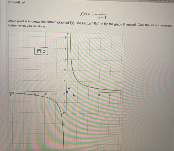 (1 point) Let f(x) = 3 - x-1 Move point A to create the correct graph of f(x). Use button Flip to flip the graph if needed.