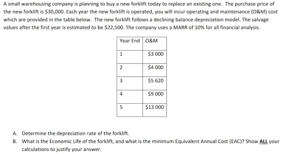 A small warehousing company is planning to buy a new forklift today to replace an existing one. The purchase price of the new