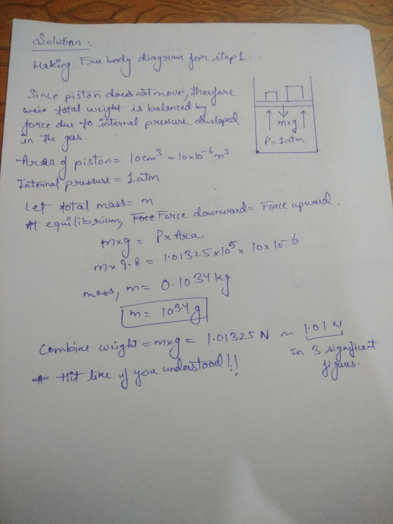 Solution: Free Imag Making body diagsean for stept Since piston dans not move, therefore were total weight is balanced by for