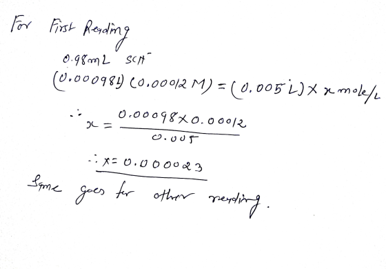 For First Reading 0.98m2 SCH (0.000981) C0.00012 M) = (0.005 L) X x molela 0.00098X0.00012 o.our D = X=0.000023 Same goes for