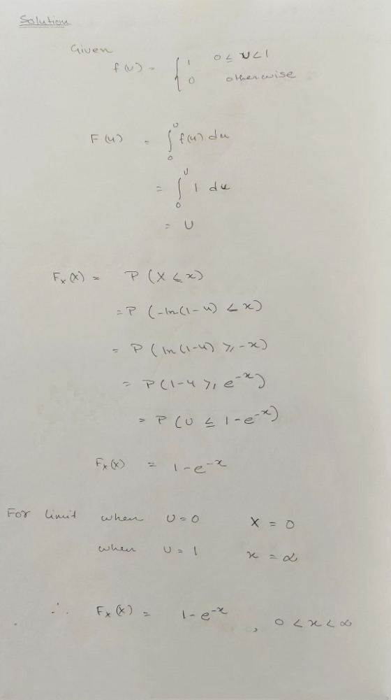Solution Given I OLULI fu)- no otherwise Eu) un da de Fx (X) = P(X 4x) =P (-In (1-4) 2x) =P(In (1-4) 7,-2) = P(1-47, ex = P C