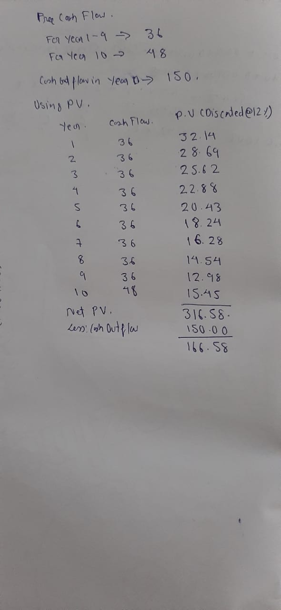36 Free Cash Flow For year 1-9 - 36 For Year 10 48 Cash but flow in year o 150. Using Pv. P.V (Discated @124) you. Cash Flow.