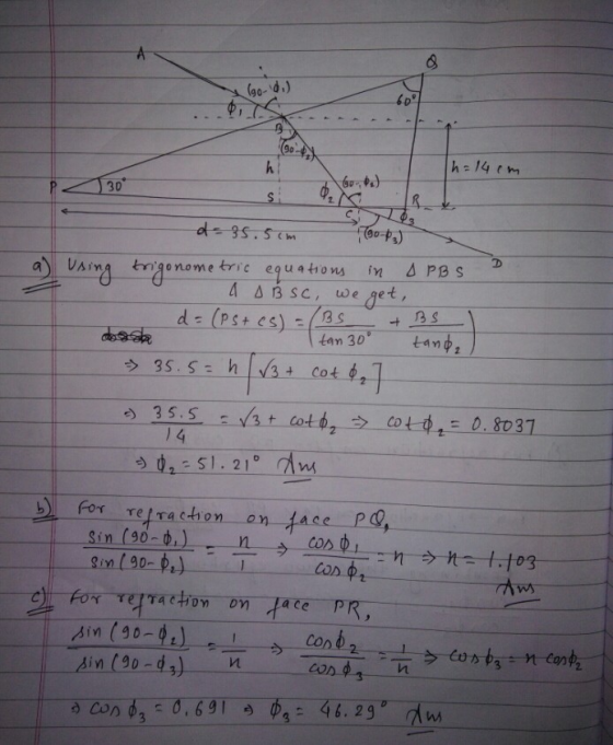 (go- o.) 9o hl 60th) 30 , wang-tranome en cause, ons erge tap 4 Δ3sc, toege tan 30tanp 35.5: h-l-vat. Cot ウ b) For refraction